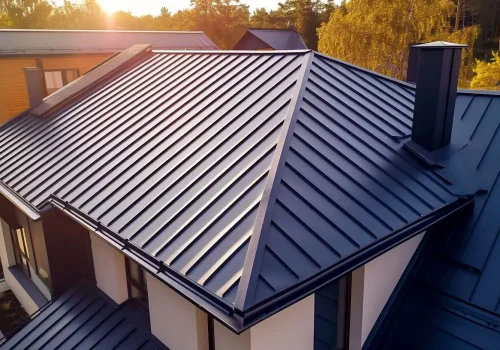 Modern metal roof on a Calgary home at sunset.