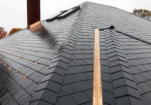 Close-up of slate roof installation on a residential property in Calgary.