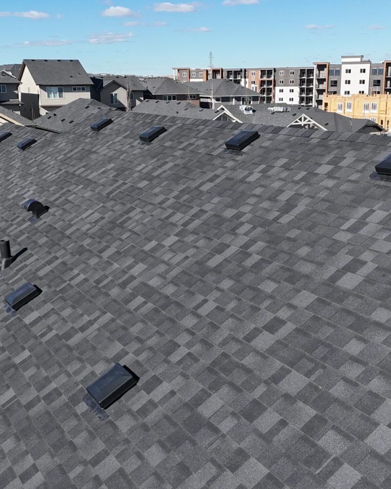 Neighborhood view showing rows of Calgary homes with uniform roofing.
